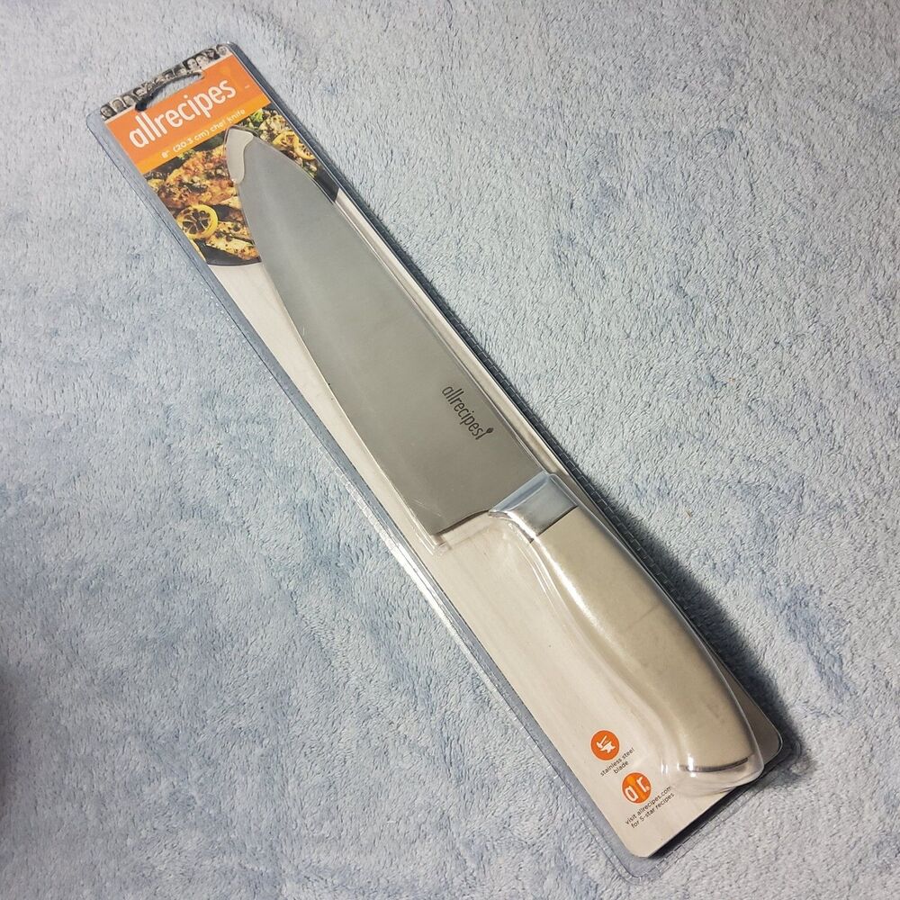 New Allrecipes 8 Inch Chef Knife Stainless Steel Beige Off White Handle NIP